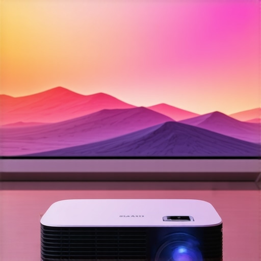 A sleek 4K ultra short throw projector projecting a vivid image in a stylish home theater