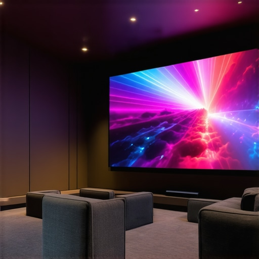 A sleek home theater setup featuring a 4K laser projector and immersive screen