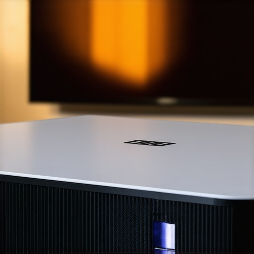 Calibrated ultra short throw projector with ambient lighting control in a cozy living room