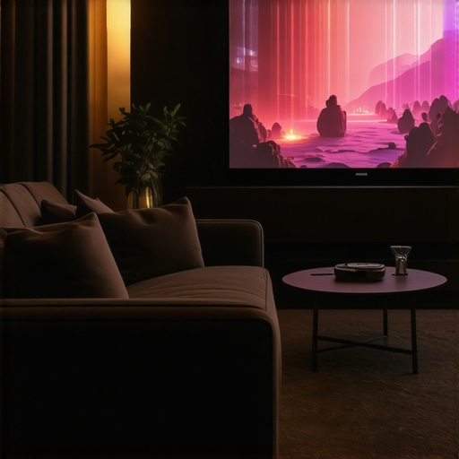 An ultra-short throw projector projecting a movie onto a wall in a cozy apartment.