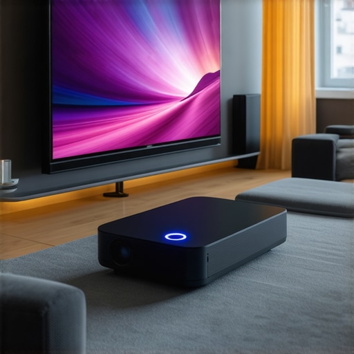 Modern small living room with ultra-short throw projector displaying colorful movie scene