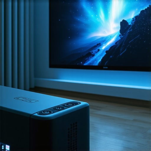 Modern ultra short throw projector projecting a large screen in a compact room