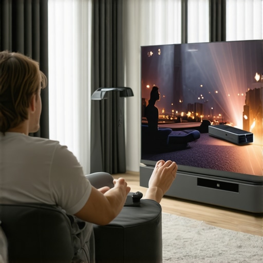 Person fine-tuning a portable ultra short throw 4K projector in a well-lit living room