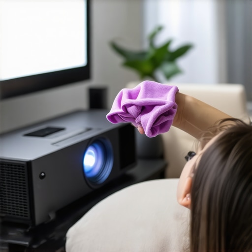 Person cleaning projector lens with microfiber cloth