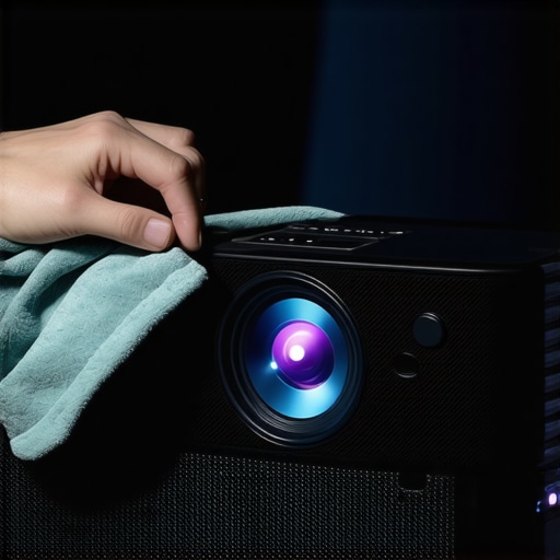 Person cleaning projector lens with microfiber cloth in home theater