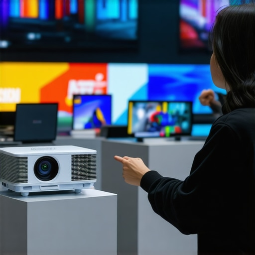 Person selecting between different portable 4K projectors in a retail setting