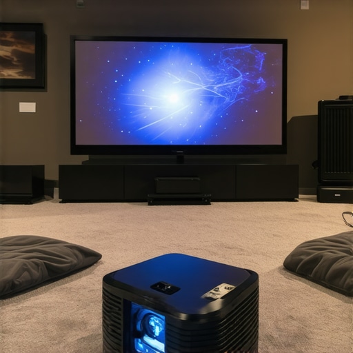 A modern home theater with projector and screen in a cozy room.