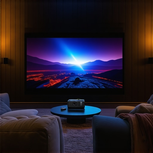 Modern home theater with 4K laser ultra-short throw projector and large screen.