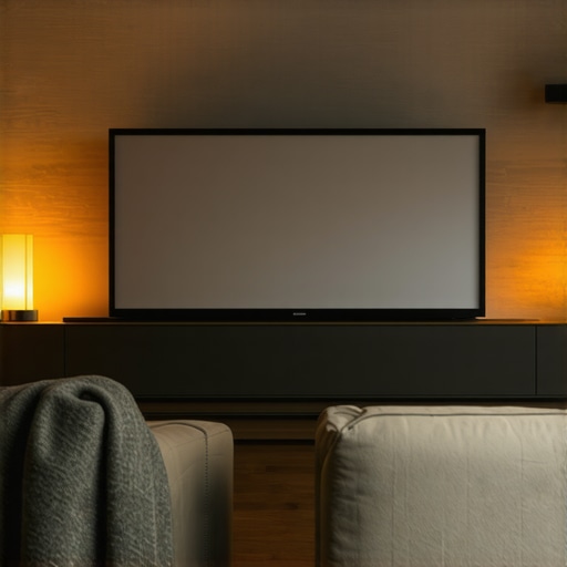 A modern 4K projector set up in a living room with a large screen and cozy seating