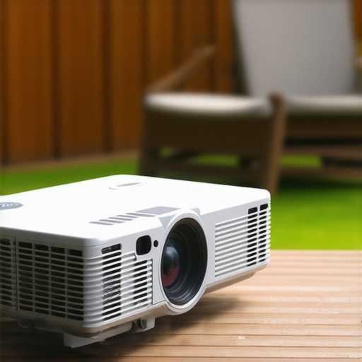 A portable projector set up outdoors for a backyard movie night, showing vibrant image projection.