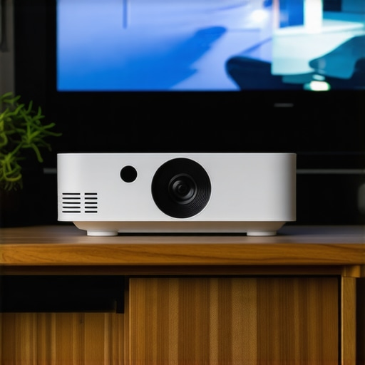 Compact ultra short throw projector on shelf projecting onto wall in small room