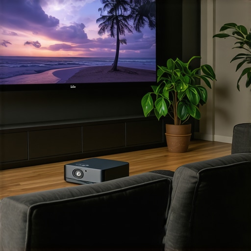Compact home theater with ultra short throw projector in a small living room