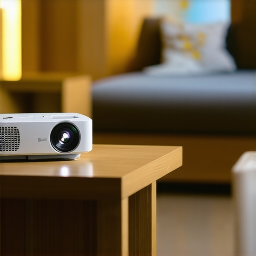 Close-up of a tiny UST projector in a small living room projecting a clear image onto the wall
