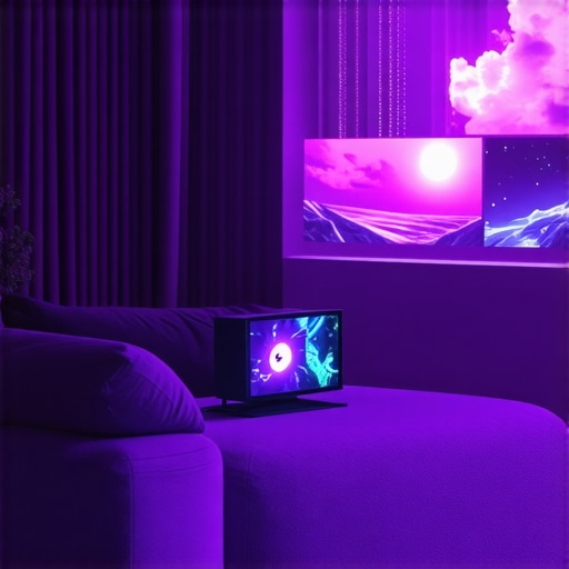 Living room setup showing a high-lumen laser projector projecting in daylight with blackout curtains.