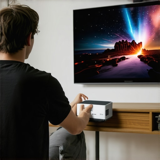 Person adjusting a compact 4K laser projector in a cozy small room with a mounted screen