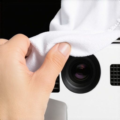 Person cleaning a projector lens with a microfiber cloth to ensure clear image quality.