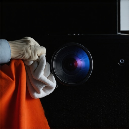 Person cleaning projector lens with microfiber cloth and dust blower in a home theater environment
