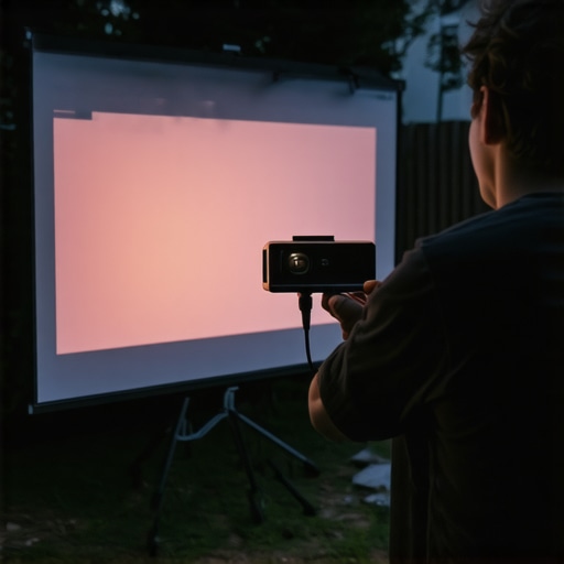 Person adjusting a portable projector's position outdoors at dusk to optimize image quality