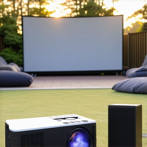 Portable projector connected to Bluetooth speakers outdoors for a movie night.