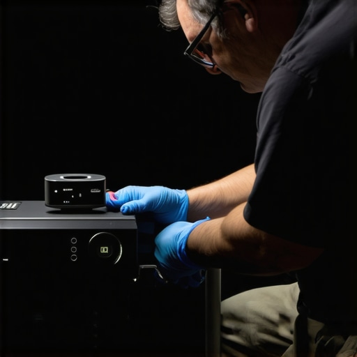 Technician cleaning and calibrating a home theater projector with specialized tools.