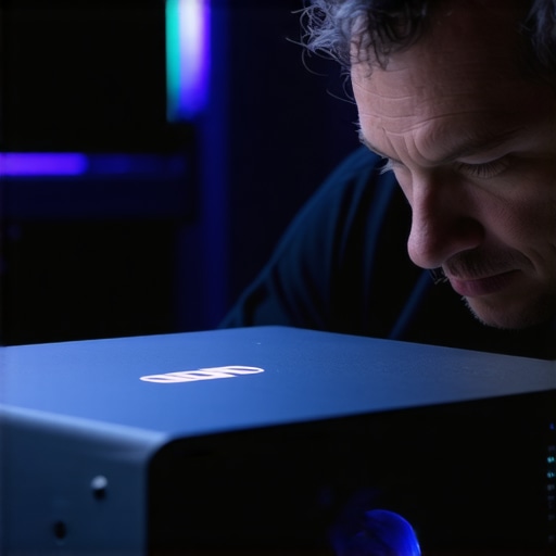 Technician adjusting settings on a high-end 4K laser projector in a home theater