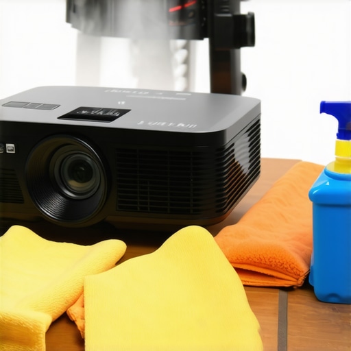 Technician cleaning projector with tools in a home theater setup