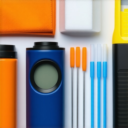 A set of high-quality tools for cleaning and calibrating home theater projectors, including microfiber cloth, compressed air, and calibration device.