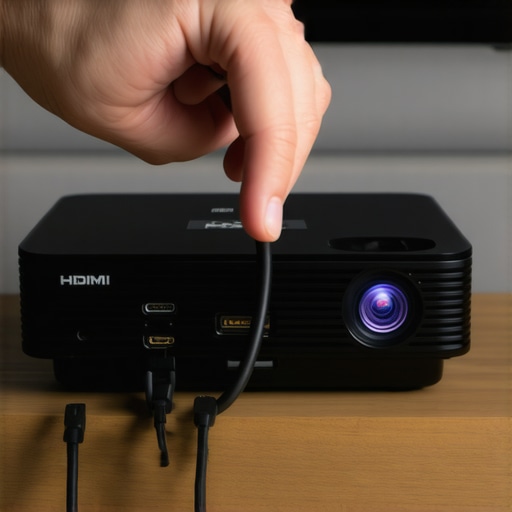 Person inspecting HDMI cables connected to a 4K home theater projector in a living room setting.