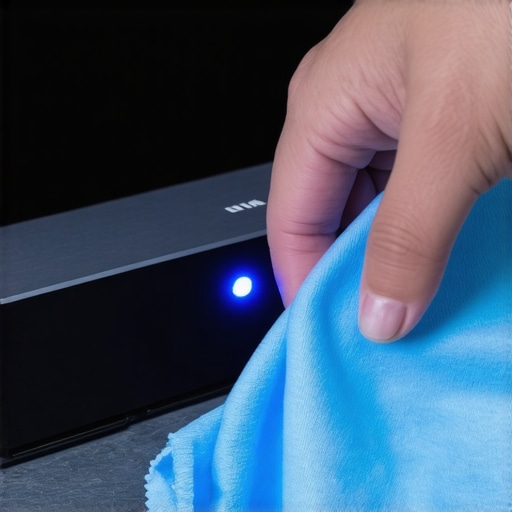 Person cleaning projector lens with microfiber cloth in a home theater