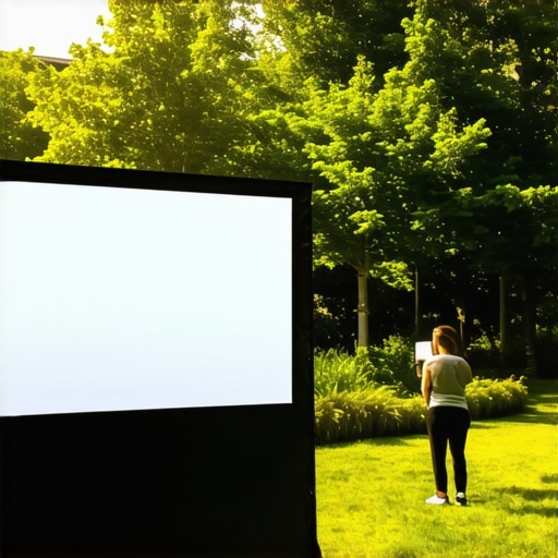 A high-lumen laser projector displaying a vibrant image on a high-gain screen outdoors during daytime