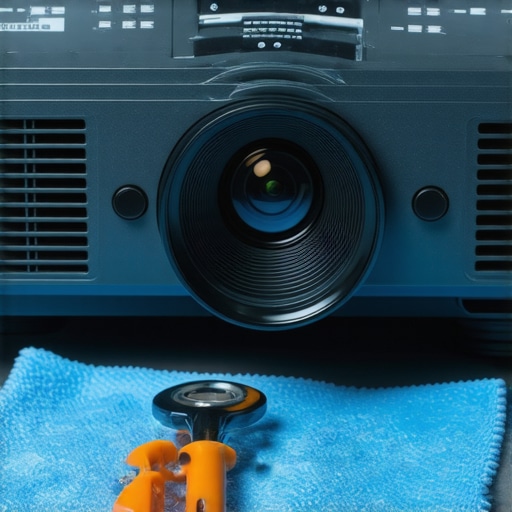 A person cleaning a projector lens with specialized tools in a home theater