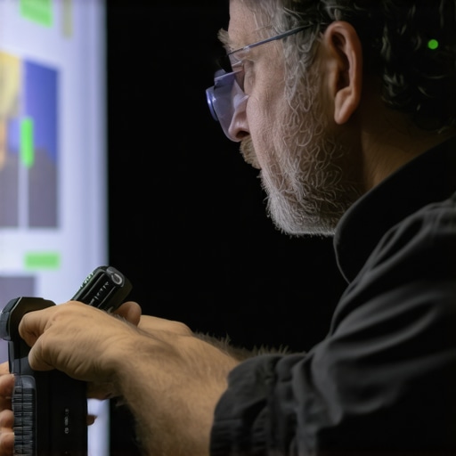 Technician calibrating a 4K projector using a colorimeter in a home theater setup