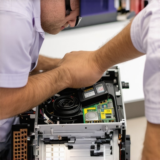 Technician working on internal power component of a 2026 4K ultra short throw projector