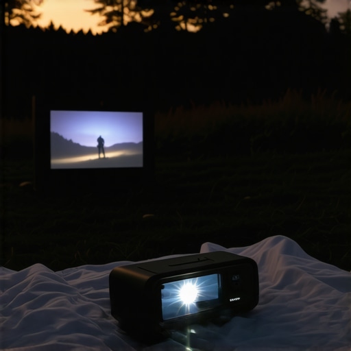 Portable projector projecting a movie outdoors during sunset with a camping backdrop