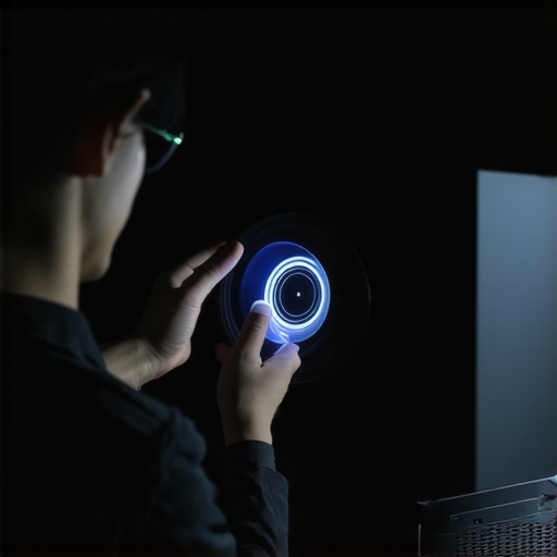 Person fine-tuning focus ring on a sleek ultra short throw 4K laser projector in home theater setting.