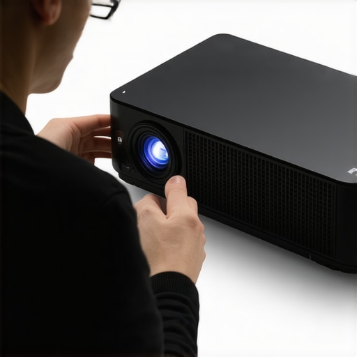 Person adjusting settings on a 4K ultra short throw projector during calibration process.
