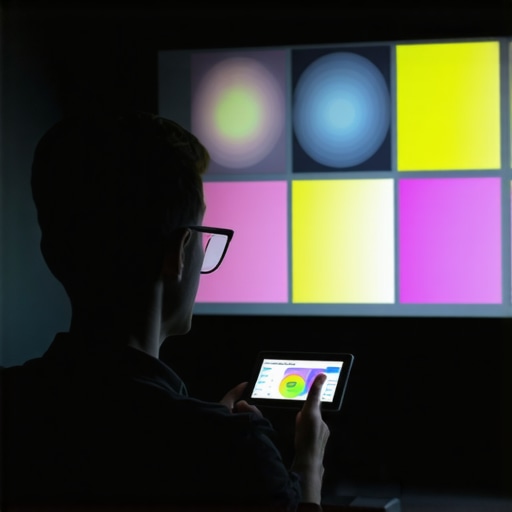Person adjusting color settings on a home theater projector with test patterns and calibration tools in a dimly lit room