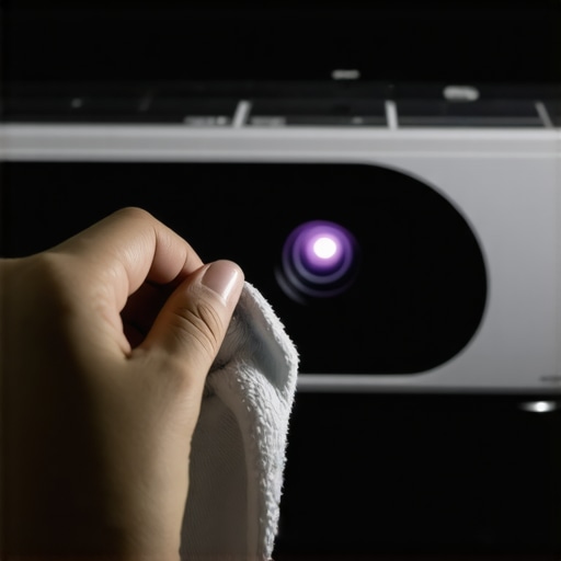 Person cleaning projector lens with microfiber cloth in a darkened room