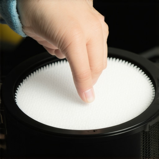 Person cleaning the dust from a projector filter using compressed air and cloth.