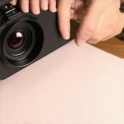 Person cleaning a projector lens with microfiber cloth and compressed air