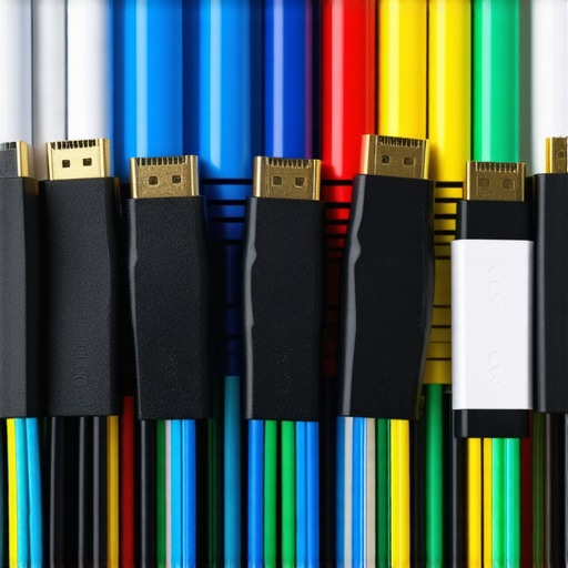 Close-up of shielded fiber-optic HDMI cables organized in a home theater setup