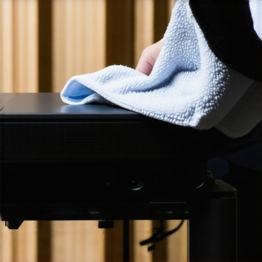 Person carefully cleaning a 4K laser projector lens with a microfiber cloth for optimal clarity