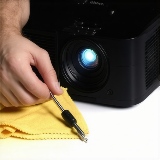 Technician carefully cleaning a home theater projector with specialized tools.