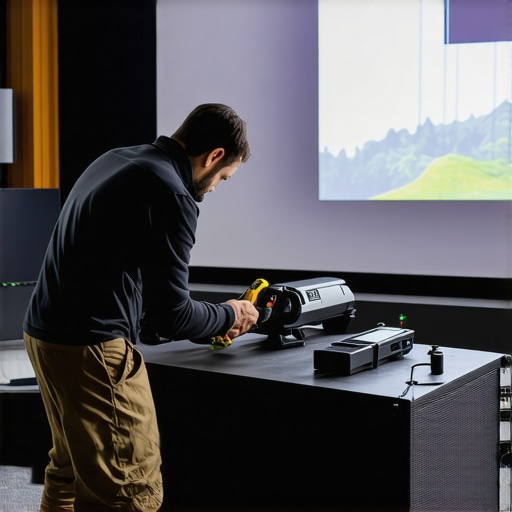 Technician adjusting a 4K laser projector using calibration tools in a home theater environment.
