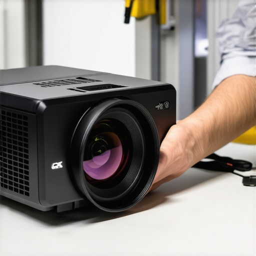Technician detailed cleaning a projector lens with specialized tools