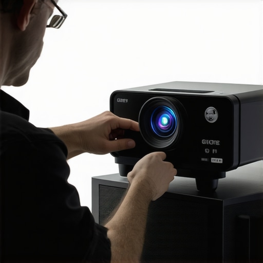 Technician using colormeter to calibrate a home theater projector for optimal color accuracy.