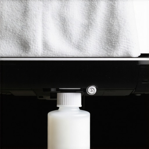 Person cleaning projector lens with microfiber cloth and cleaning solution.