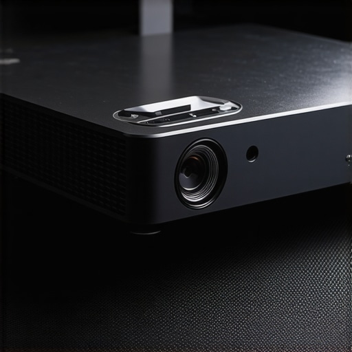 A close-up view of a glossy projector stand stabilized with a rubberized non-slip mat on a smooth floor.