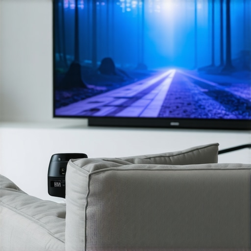 Close-up of an ultra short throw projector displaying a vibrant image on a wall in a modern living space.