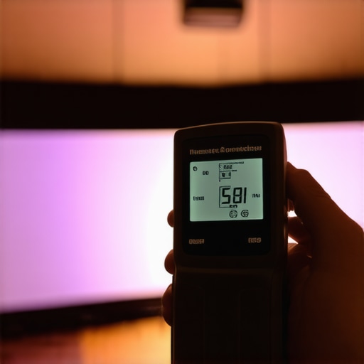 Person measuring projector luminosity with a digital lux meter in a dark room.
